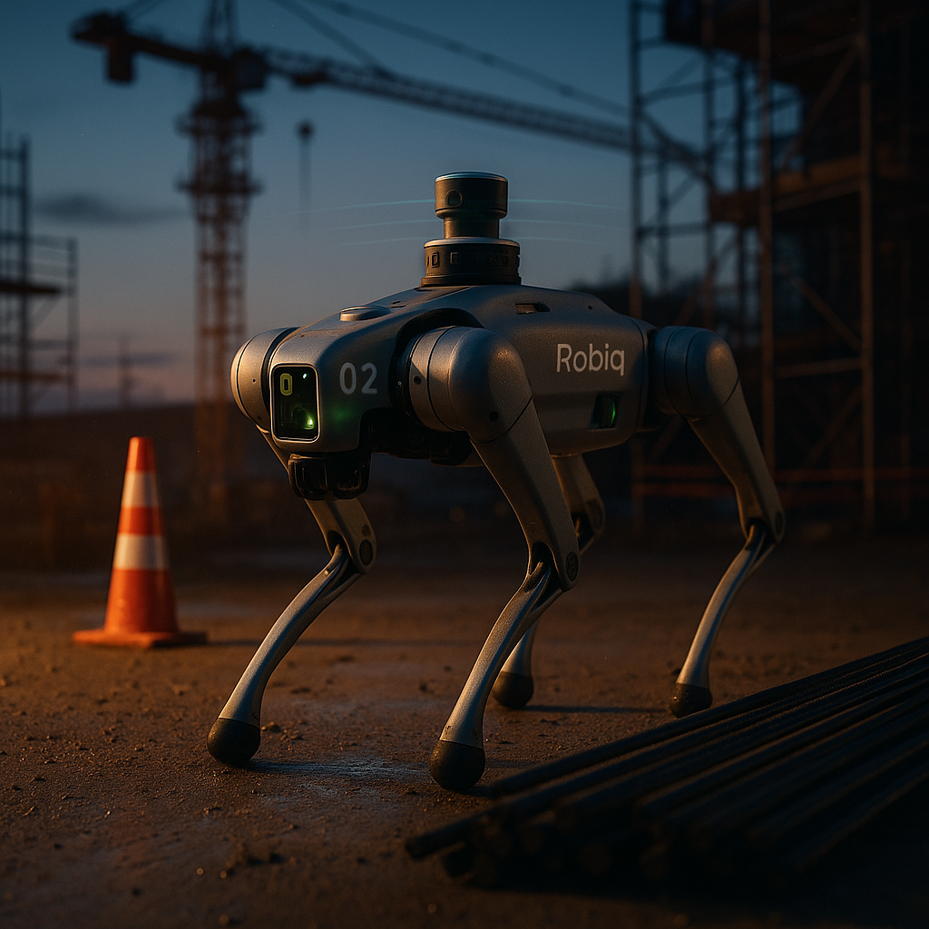 Robodog patrolling a construction site at dusk, scanning with sensors