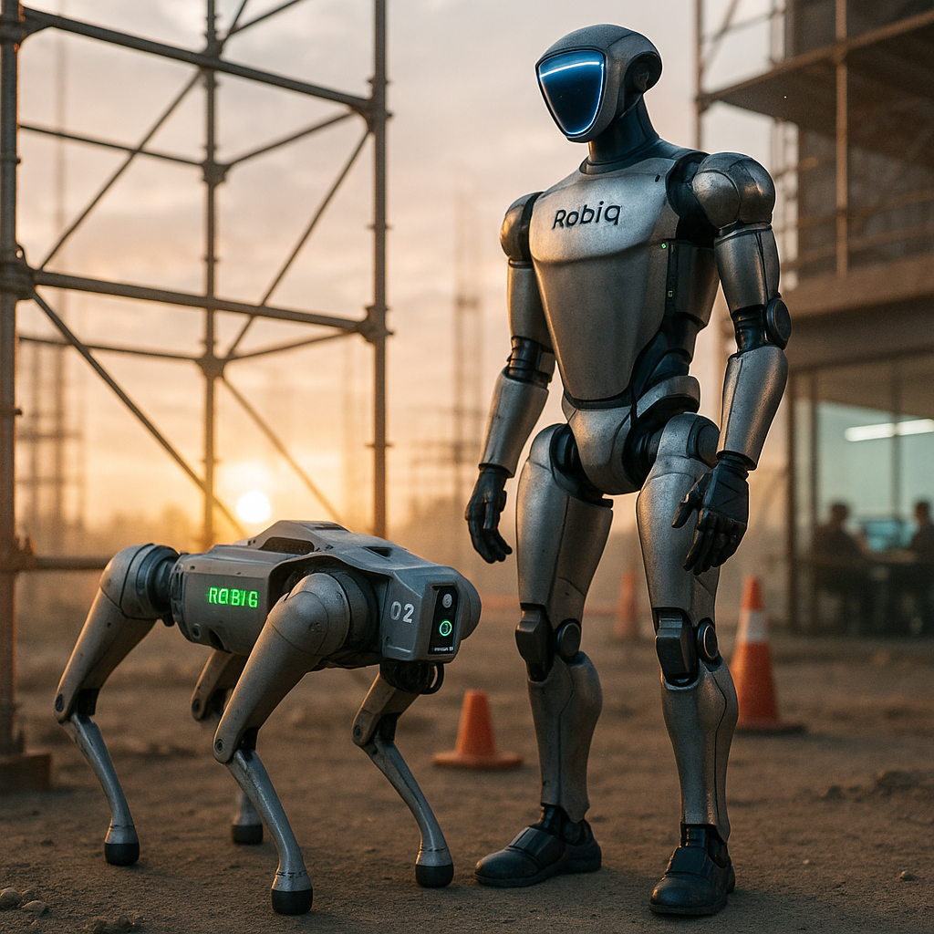 Robiq robodog and humanoid collaborating on a construction site at sunrise; operator supervising from a control center