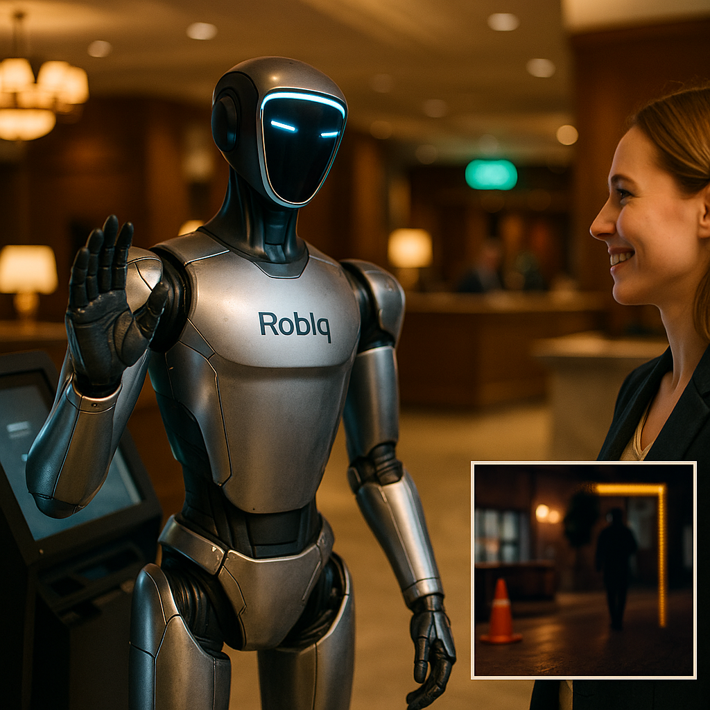 Humanoid robot greeting hotel guests, guiding to check-in kiosks