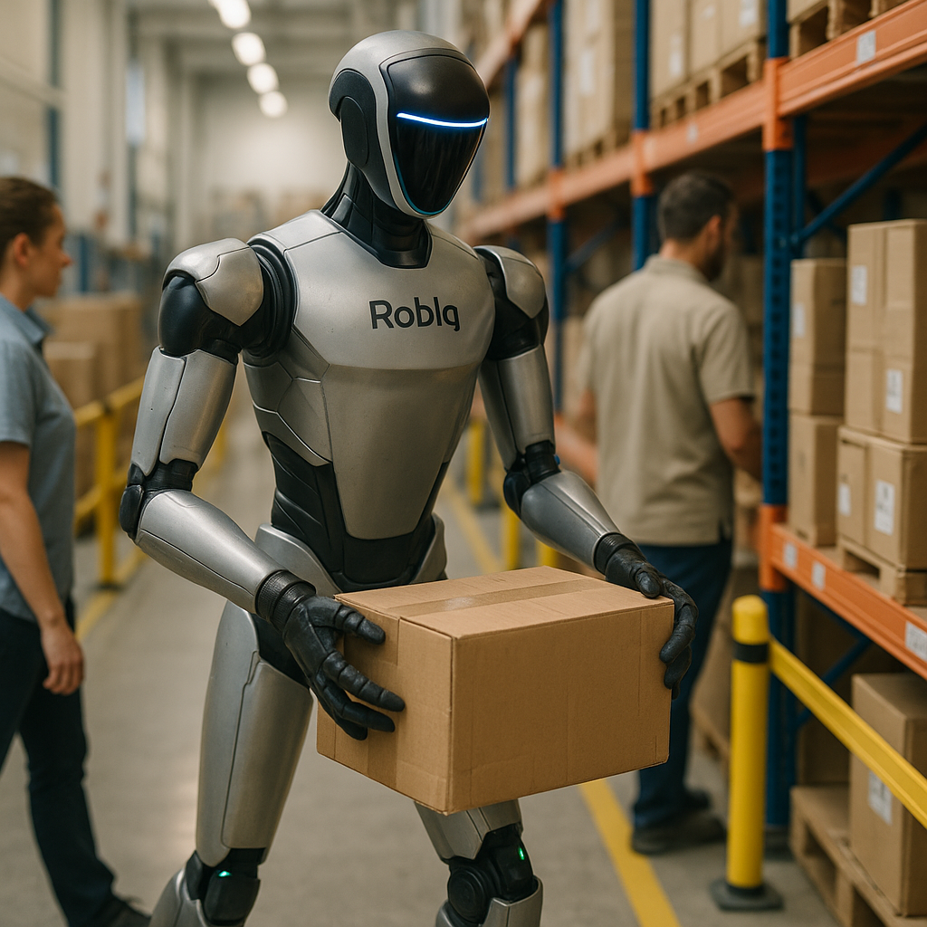 Humanoid robot safely lifting and placing boxes in a warehouse next to people