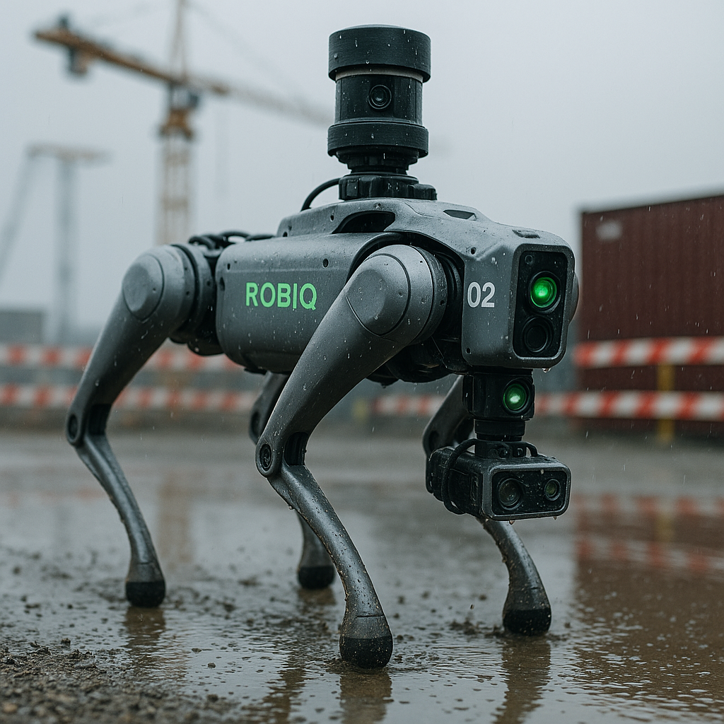 Rugged robodog with lidar payload inspecting a site in harsh weather