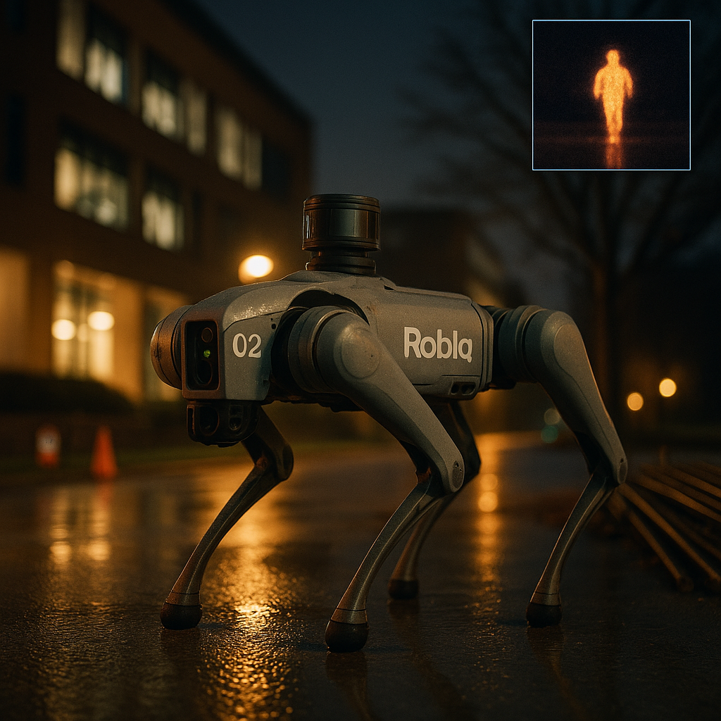 Robodog performing night campus surveillance with thermal imaging