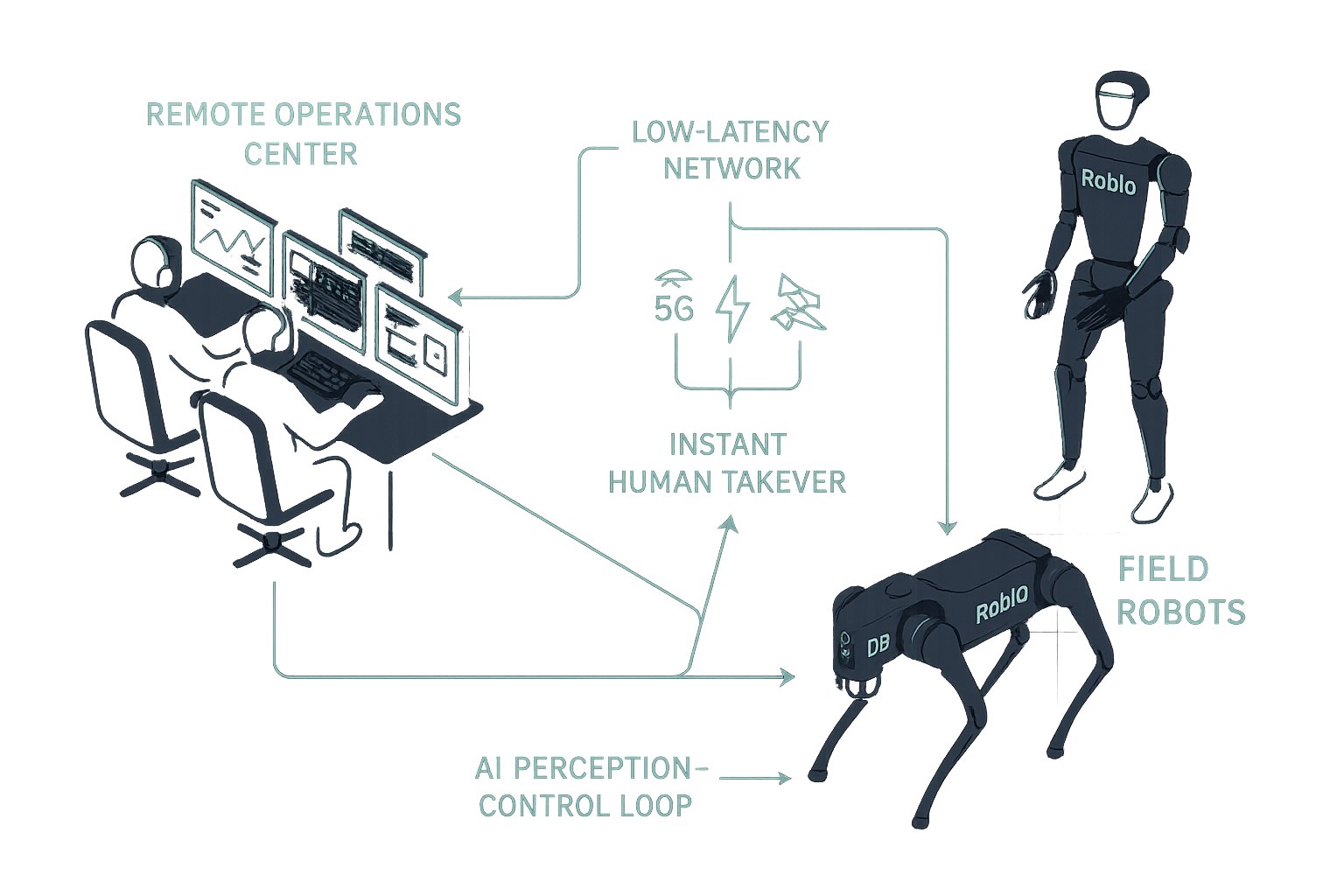 Diagram: teleoperation control center integrated with onboard AI loop