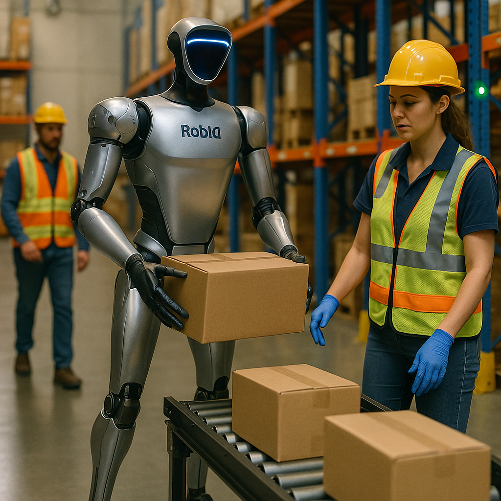 Humanoid performing safe picking in a warehouse next to people